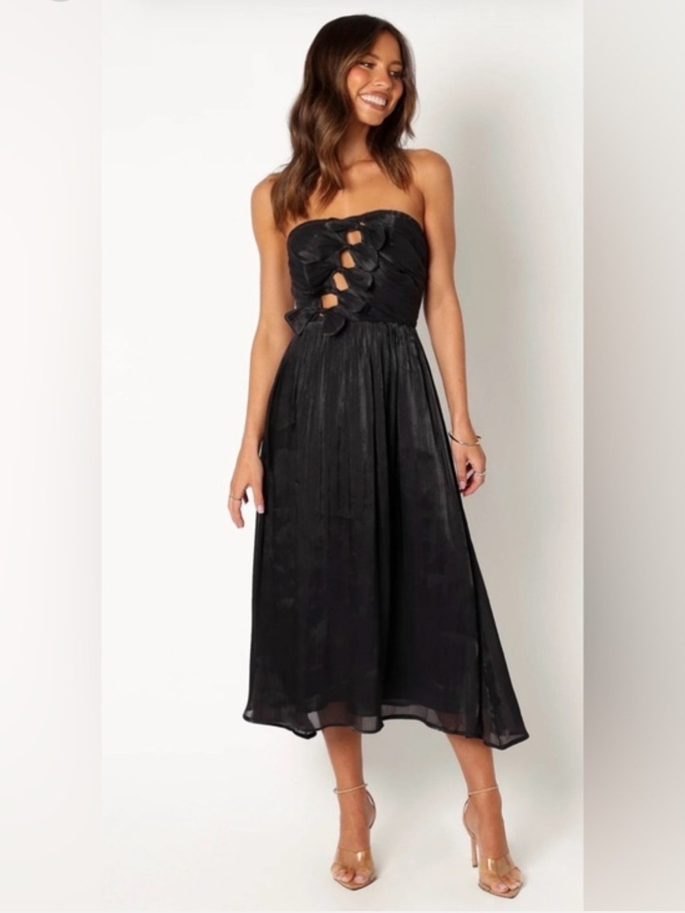 Petal & Pup Strapless Black Midi Dress with Front Cutout Detail